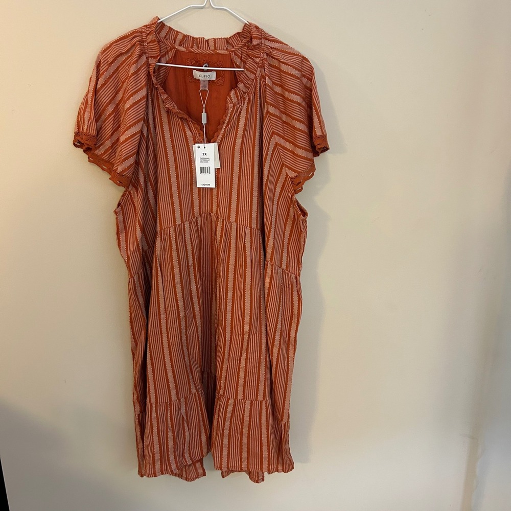 Cupio Womens Dress‎ 2X Striped Orange Tiered Short Sleeve Crochet Trim New